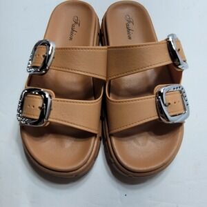 Fashion Tan Double Strap Buckle Slide Sandals Rhinestone Accents Size 40 818